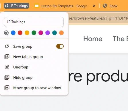 screenshot of tab groups with new name and save/sync option