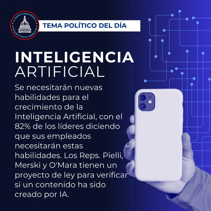 Inteligencia Artificial  

Se necesitarán nuevas habilidades para el crecimiento de la Inteligencia Artificial, con el 82% de los líderes diciendo que sus empleados necesitarán estas habilidades. Los Reps. Pielli, Merski y O'Mara tienen un proyecto de ley para verificar si un contenido ha sido creado por IA. 