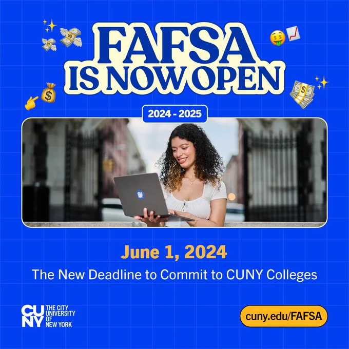 Image of a CUNY student. We're pushing back our deadline for students to accept their admission offers from May 1 to June 1.