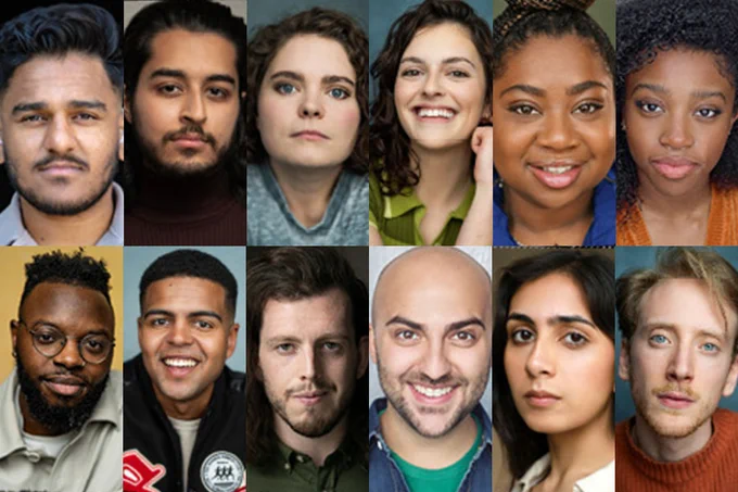 A photo showing headshots of 12 performers, each adopting neutral expressions and wearing casual clothing