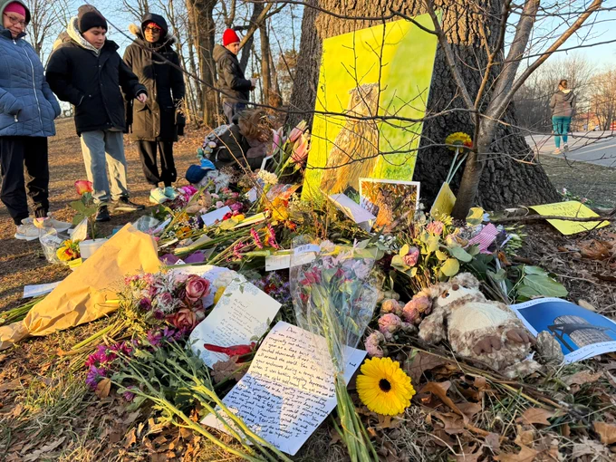 Mourners gather to remember celebirdy Eurasian Eagle-Owl Flaco at the memorial site of his favorite oak tree in Central Park, Sunday, 25th February, 2024. Photo by Sandra Beltrao ©️ 2024. Permission to use image with credit.