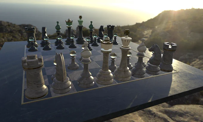 The MaterialX Chess Set in a natural lighting environment, rendered using Prefiltered Environment Maps