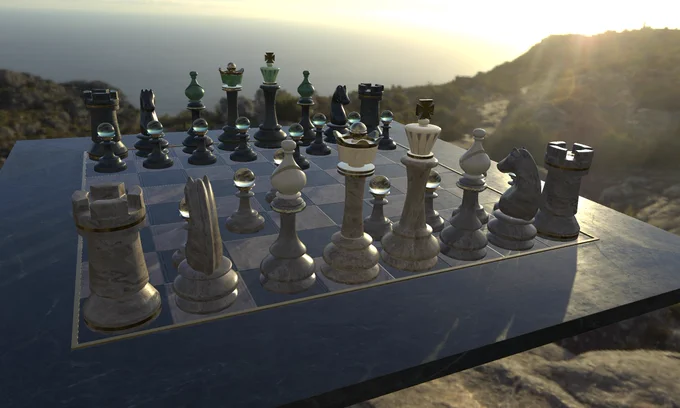 The MaterialX Chess Set in a natural lighting environment, rendered using Filtered Importance Sampling