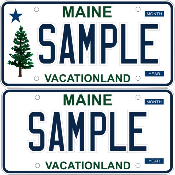 Two sample plates in image. One has a blue star and green tree on left. Both have Maine in green at top, sample in blue in big letters in the middle, and vacationland in green at the bottom. They also both have blue rectangles at the right top and bottom reading Month and Year