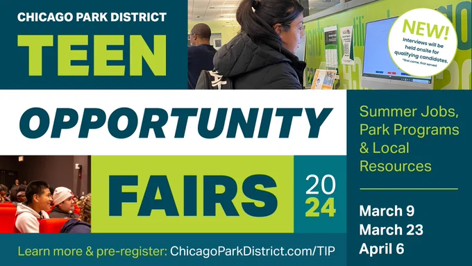 Teen Opportunity Fairs graphic with dates of upcoming fairs: March 9 & 23 & April 6. 