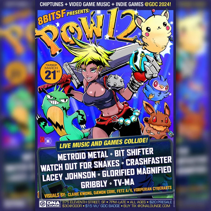 POW 12 flyer in the style of a Palworld and Final Fantasy VII mashup. Design by stitchmind.com