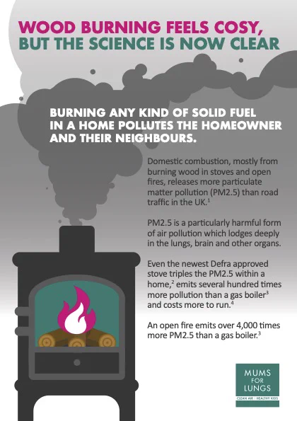 Page 1 of a flyer that informs about the air pollution impact of wood burning. The image is of a wood burning stove with burning logs and smoke coming out of the top. The text says "Wood burning feels cosy but the science is now clear. Burning any kind of solid fuel in a home pollutes the homeowner and their neighbours". Plus some statistics about fine particles (PM2.5). 
