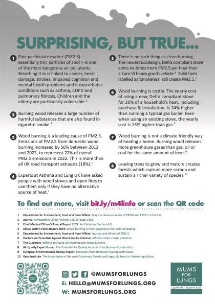 The back page of a flyer that informs people about the air pollution impact of burning wood. There are eight facts and statistics and ten sources listed. Please visit bit.ly/m4linfo for more information on wood burning. 