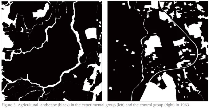 Figure 3. Agricultural landscape (black) in the experimental group (left) and the control group (right) in 1963.