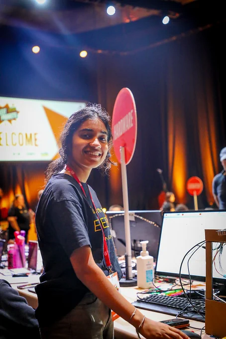 A young female creator showing her entry to the hardware category at Coolest Projects Ireland 2023