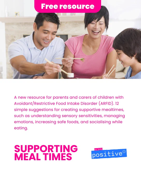Poster promoting a free supporting meal times resource for parents and carers of children with avoidant restrictive food intake disorder