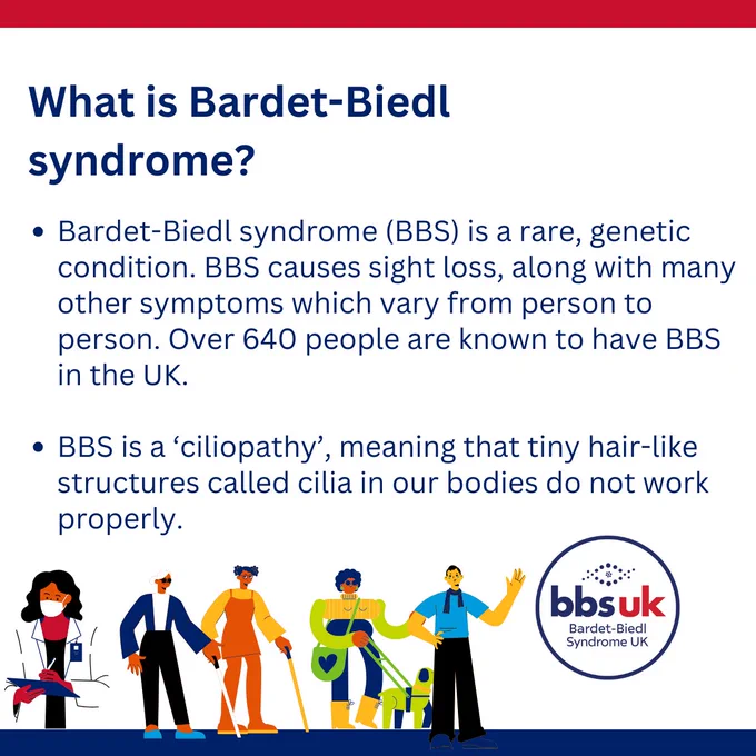 Text on image reads: What is Bardet-Biedl syndrome? Bardet-Biedl syndrome is a rare, genetic condition. BBS causes sight loss, along with many other symptoms which vary from person to person. Over 640 people are known to have BBS in the UK. BBS is a ciliopathy, meaning that tiny hair-like structures called cilia in our bodies do not work properly. Pictured: Five cartoon graphics, including a doctor, two individuals with mobility canes, a woman with a guide dog, and a sight guide. BBS UK logo in corner of image.