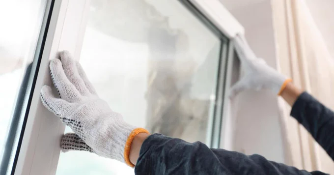 Two gloved hands install a new window.