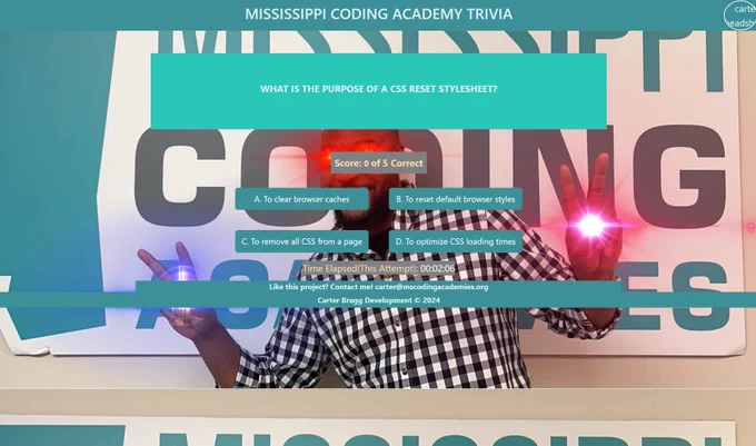 Screenshot of a MS Coding Academy themed trivia game. The questions are about HTML and CSS. Currently, the question is: What is the purpose of a CSS reset stylesheet? The possible answers are A: To clear browser caches, B: To reset default browser styles, C: To remove all CSS from a page, or D: To optimize CSS loading times.