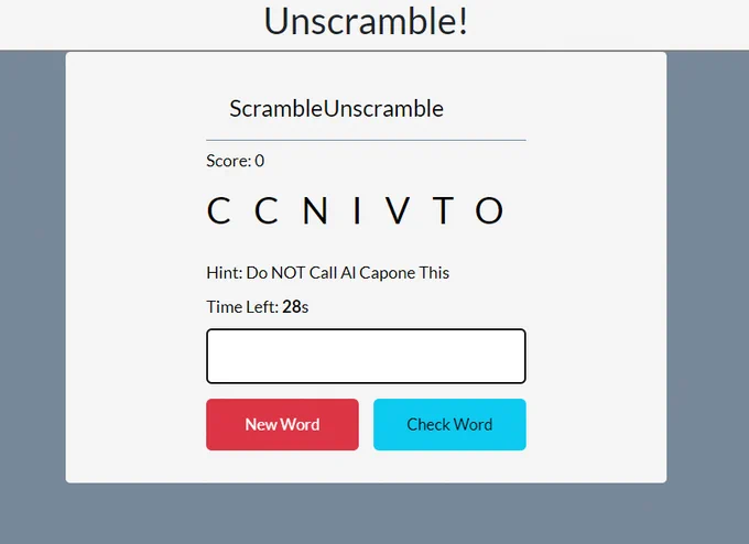 Screenshot of a unscramble the word game. The current letters are C, C, N, I, V, T, O. The hint says: Do NOT call Al Capone this. 