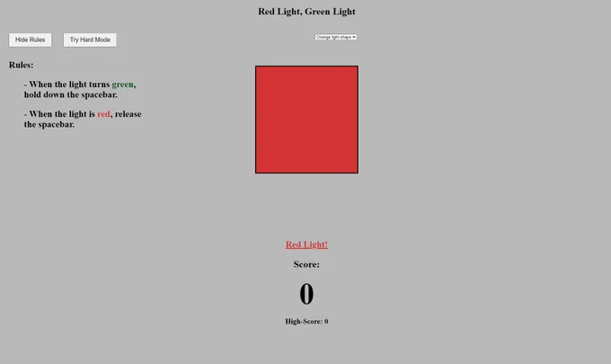 Screenshot of a red light/green light game. When the light turns green, you press the spacebar to get points. When the light is red, release the spacebar or fail the game.