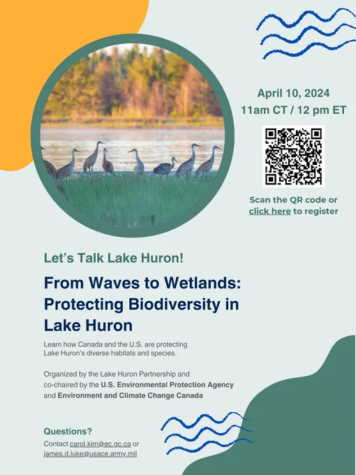 Webinar poster for Let's Talk Lake Huron taking place April 10, 2024 12 pm ET. Full details at https://binational.net/engagement.