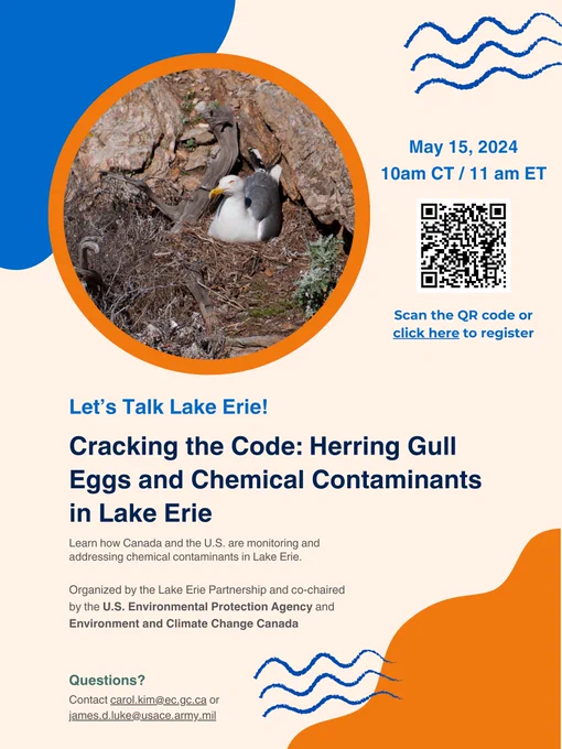 Webinar poster for Let's Talk Lake Erie taking place May 15, 2024 11 am ET. Full details at https://binational.net/engagement.