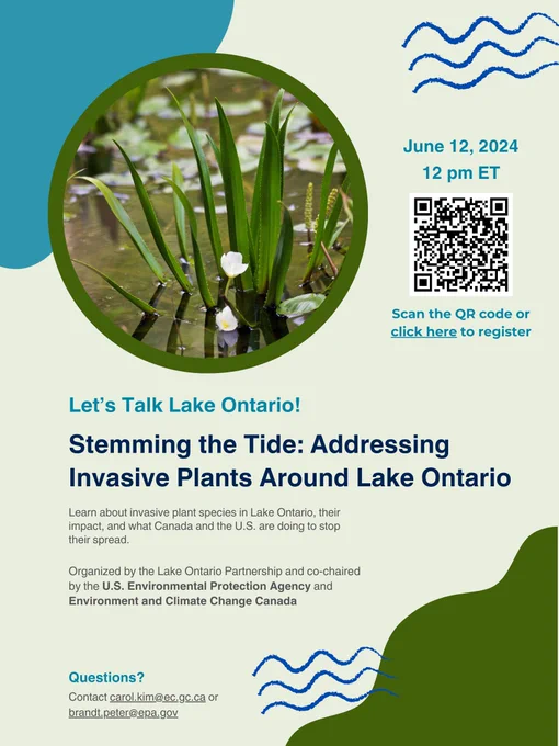 Webinar poster for Let's Talk Lake Ontario taking place June 12, 2024 12pm ET. Full details at https://binational.net/engagement.