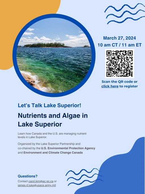 Webinar poster for Let's Talk Lake Superior taking place March 27, 2024 11 am ET. Full details at https://binational.net/engagement.