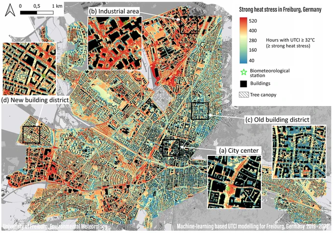 Map showing hours with strong heat stress in all outdoor spaces in Freiburg, Germany. The simulation is based on 1.5 trillion predictions at 1 x 1 m resolution using machine learning.