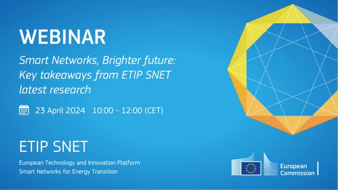 The image contains elements of the ETIP SNET visual identity. On top of a blue background, it reads: "Webinar. Smart networks, brighter future: key takeaways from ETIP SNET latest research."