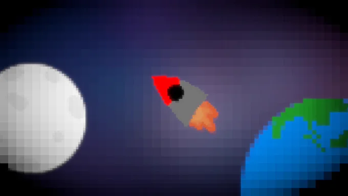 Pixel art of a blurry space scene with the Moon on the left side, a rocket flying and the Earth at the bottom-right corner