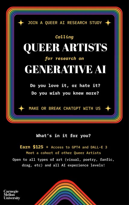 A recruitment flyer with rainbows for a research study on Queer Artists and Generative AI