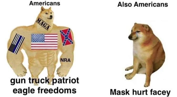 Americans:
Big Strong Muscular Tough dog with Confederate/NRA/MAGA tats.
'gun truck patriot eagle freedoms'
Also Americans:
Cute demure fluffy widdle puppy.
'Mask hurt facey'