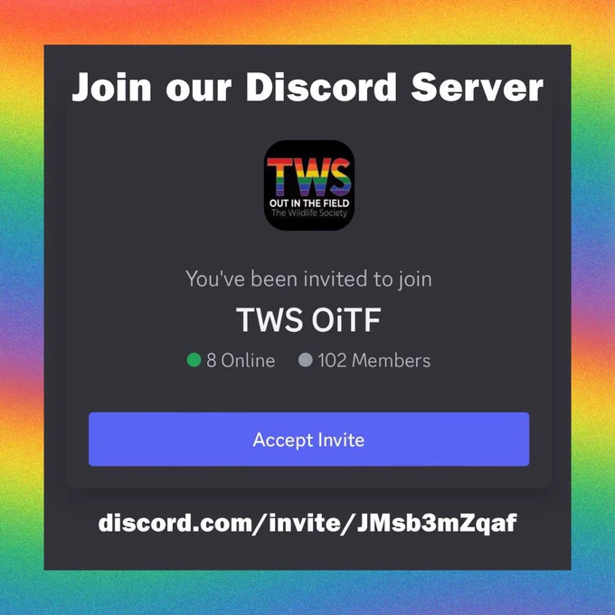 A flyer for the OiTF discord. The background is a rainbow gradient. Within that is a dark gray square. At the top of the square is bold white text reading “Join our discord server” with the rainbow OiTF logo below. Below the logo is smaller text that reads “you’ve been invited to join TWS OiTF” It also shows 8 members online and 102 members total. Below that text is a purple rectangle that says “accept invite” with the discord link below in white bold text.