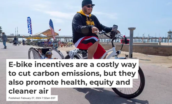 Image: A man pulls his kids behind an electric bicycle near the pier in Huntington Beach, Calif. Text: E-bike incentives are a costly way to cut carbon emissions, but they also promote health, equity and cleaner air
Published: February 27, 2024 7:32am EST.