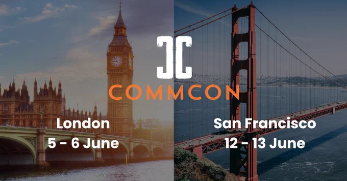 CommCon logo over the top of images of London and San Francisco