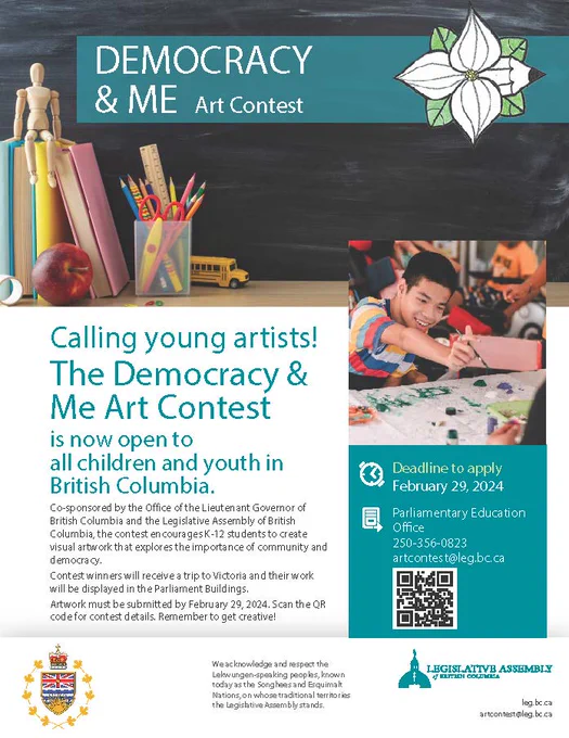Poster for the Democracy and Me Art Contest, featuring a young person painting. 
