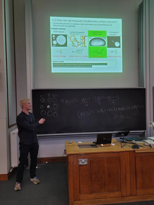 Jack presenting a slide entitled 'How can we measure condensate surface tension?'