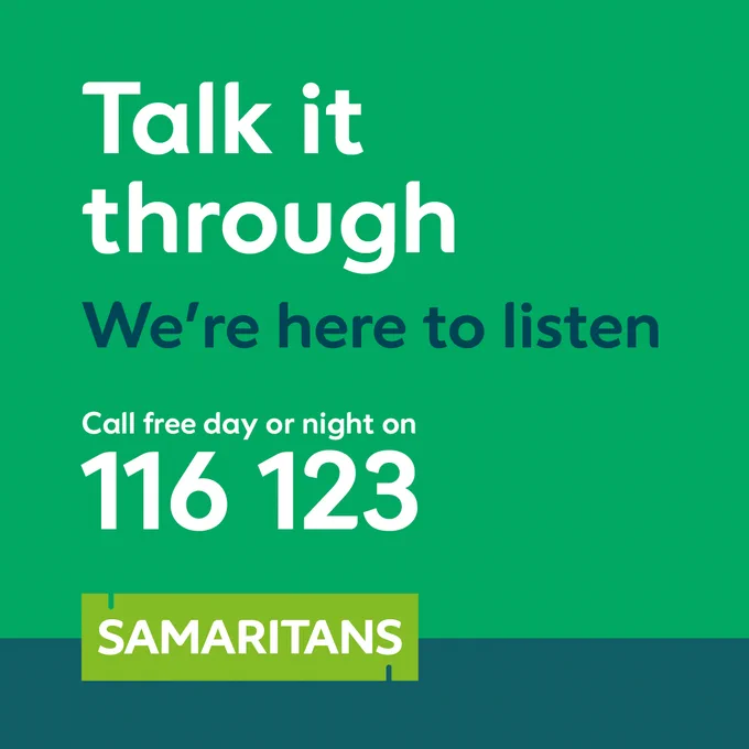 Talk it through, we're here to listen. Call free day or night on 116 123 
