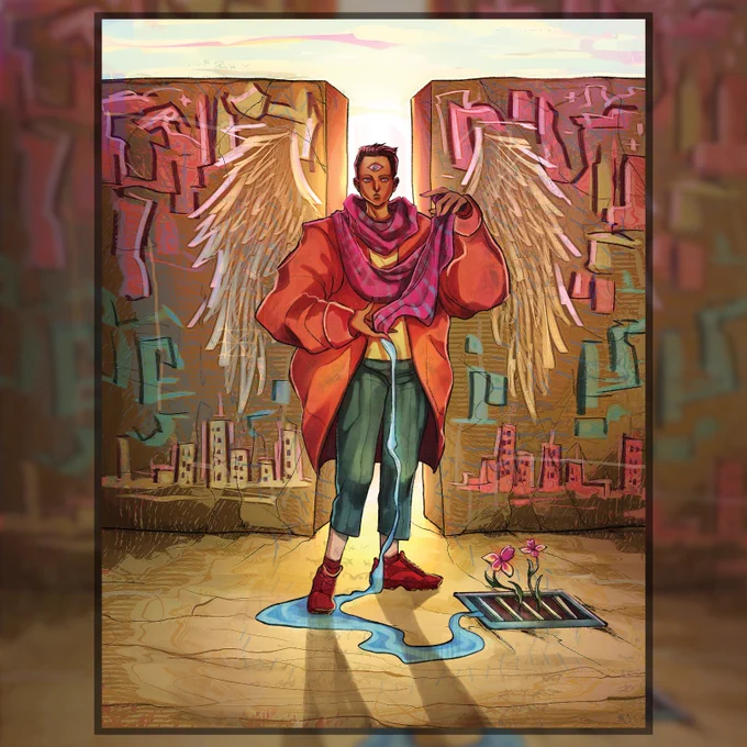 The art described in the previous image, but shown here in its full form, extended beyond the edges of the tarot card.