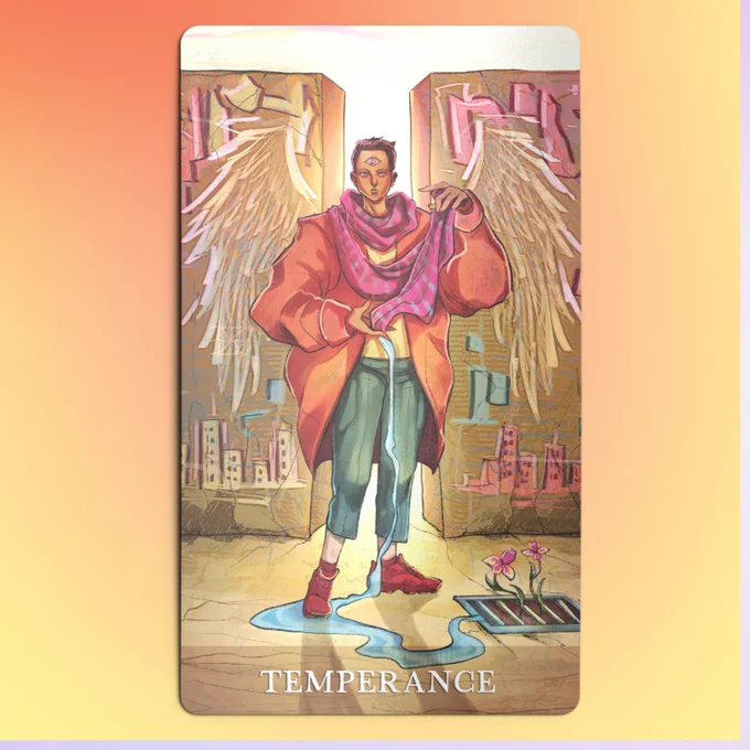 A modern interpretation of the Temperance tarot card. A person with short hair wearing jeans and a puffy jacket stands in a graffiti-covered alley. There are what appear to be angel wings behind them—are they part of the person? Or simply graffiti on the walls behind? The person stands next to a grate which has a small flower growing out of it. The person is holding their scarf between their hands, and the scarf appears to be transforming into water which runs into the grate with the flower.