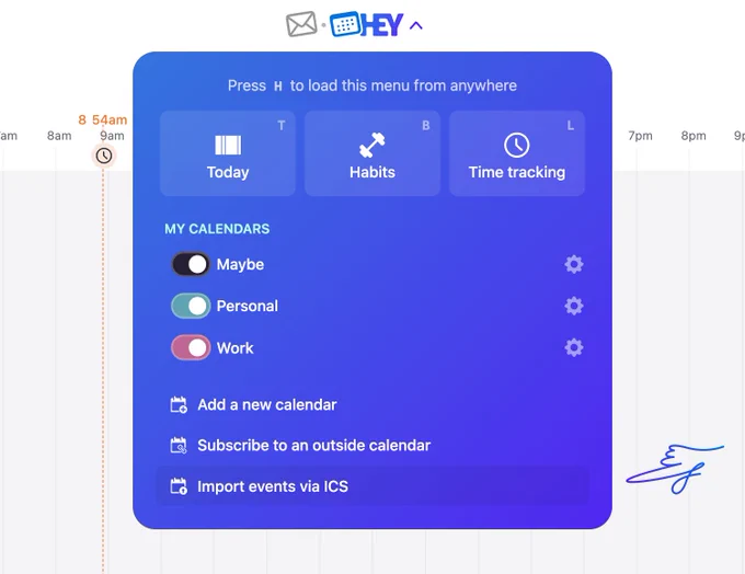 Link to "Import events via ICS" from the HEY menu
