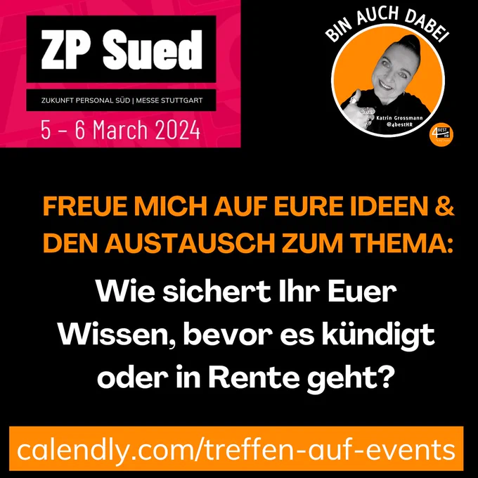 #4bestHR Katrin Grossmann kommt zur #ZPSüd24 nach Stuttgart & zeigt mit dem neuartigen KI-gestützten #Wissenspotenzial-Verfahren©, wie Unternehmen schnell und einfach ihr  #Wissensmanagement neu organisieren können, damit der  #Wissenserhalt &  #Wissenstransfer gesichert ist, bevor es kündigt oder in Rente geht! 