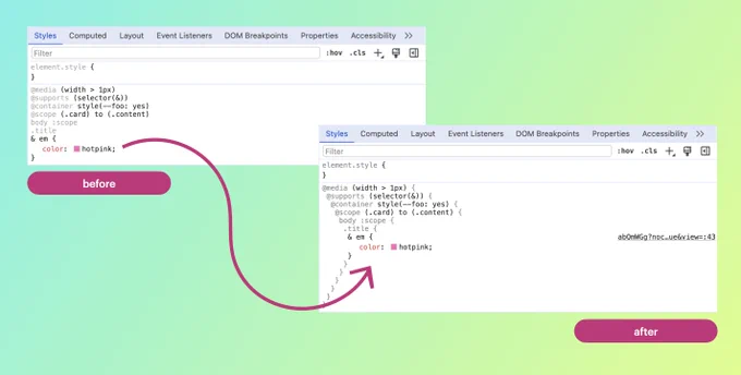 Updated nesting in DevTools: Indented code with Curly Braces.