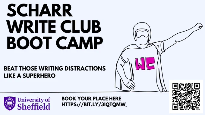 Write Club poster with a drawing of a superhero with their arm in the air