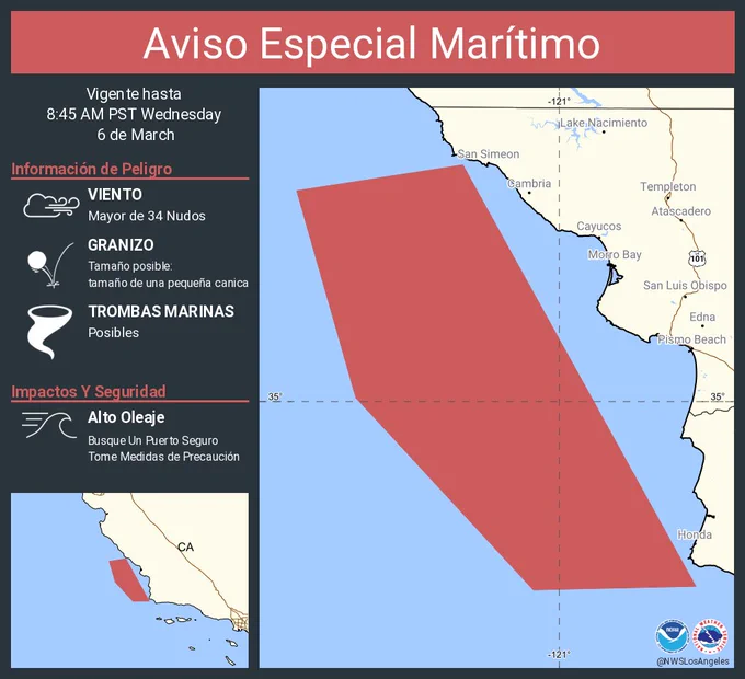 Este gráfico muestra la localización en el mapa de un Aviso Especial Marítimo. El aviso estará en efecto hasta las 8:45 AM PST. El aviso incluye a Aguas desde Pt. Sal a Isla Santa Cruz CA y 60 mn al oeste incluyendo las Islas San Miguel y Santa Rosa , Point Piedras Blancas a Point Sal de 10 a 60 MN y Point Piedras Blancas a Point Sal hacia el oeste hasta 10 MN. Las amenazas asociadas a este aviso son: ráfagas de vientos de mayor de 34 nudos y granizo del tamaño de una pequeña canica. Las trombas marinas son posibles. Alto oleaje. Busque un puerto seguro y tome medidas de precaución.