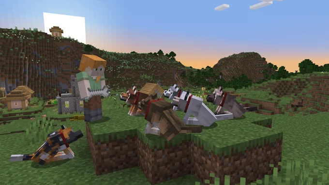 Minecraft character holds bone in front of a pack of wolves