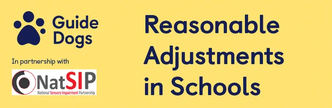 Banner shows Guide Dogs and NatSIP logo on a yellow background, and the words Reasonable Adjustments in Schools.