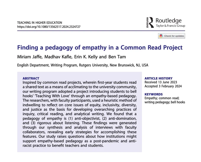 A screenshot of the first page of the article from the journal Teaching in Higher Education: Critical Perspectives titled: Finding a pedagogy of empathy in a Common Read Project by Miriam Jaffe, Madhav Kafle, Erin K. Kelly and Ben Tam. The screenshot includes the abstract of the article (available via the link).