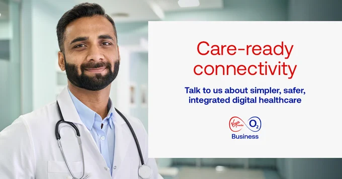 Tile shows a doctor with the title "Care-ready connectivity. Talk to us about simpler, safer, integrated digital healthcare"