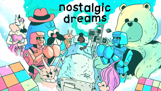 Nostalgic Dreams key art by Jake Lawrence. A dreamscape featuring a comatose woman in a hospital bed. She’s surrounded by life-sized 80s-era toys which stare at her menacingly.