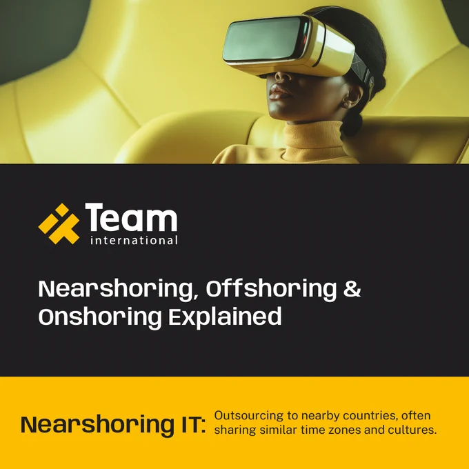 In the image, there is a woman, who's wearing a yellow shirt and virtual reality glasses. The image has a black rectangle which is the Team international logo, and a yellow rectangle which the text is nearshoring it