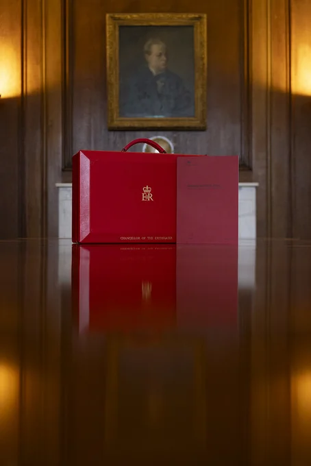 A photo of the ministerial red box and the Spring Budget. A portrait is behind both.