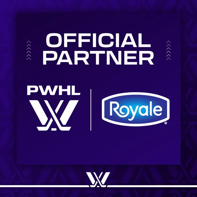A purple graphic with white text that reads "official partner." There is also a lockup of the PWHL and Royale logos.